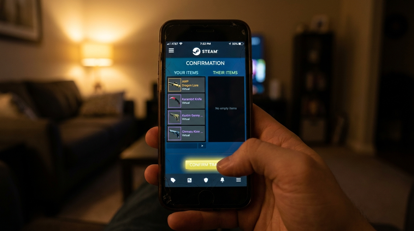 Steam confirmation screen: valuable items leave while the receiving-items column is empty