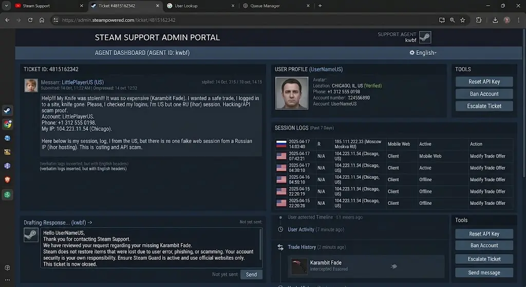 The data says account takeover; the reply says “user error”