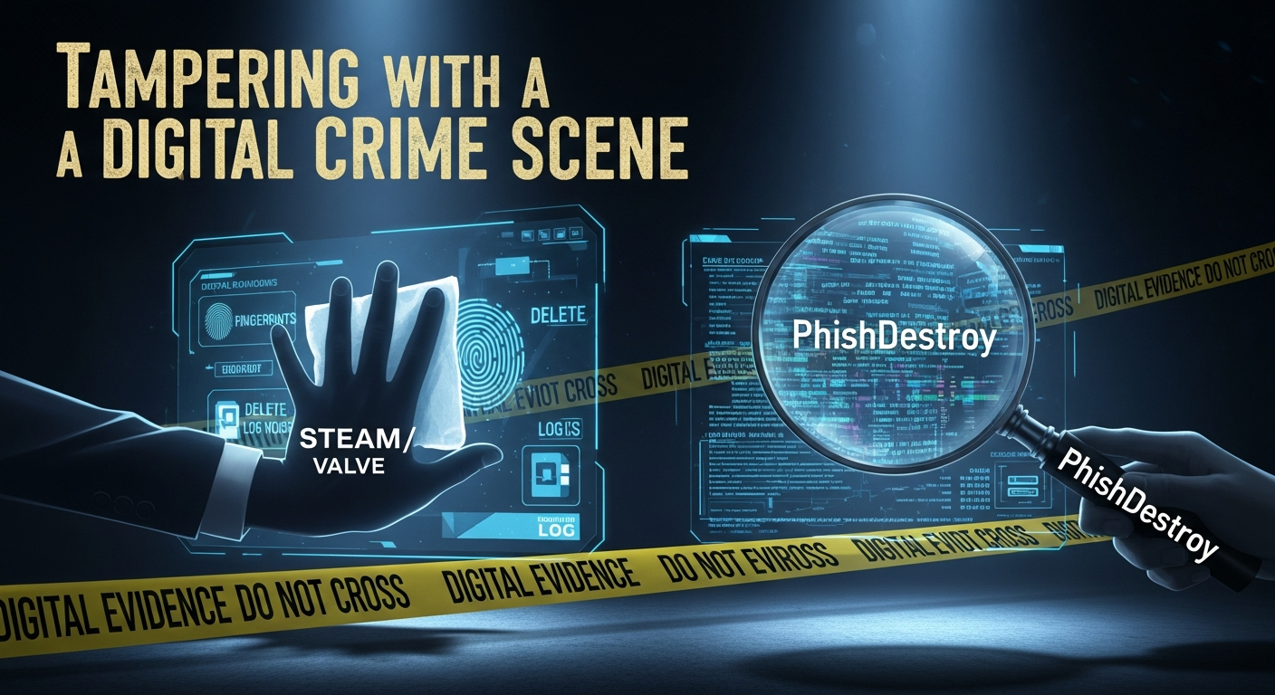 Tampering with a digital crime scene - Steam/Valve hand reaching past do not cross tape while PhishDestroy investigates with magnifying glass