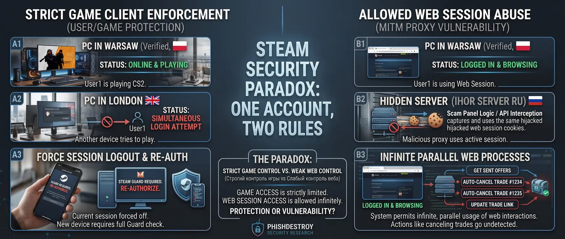 One account, two rules: strict game enforcement and tolerated web-session abuse