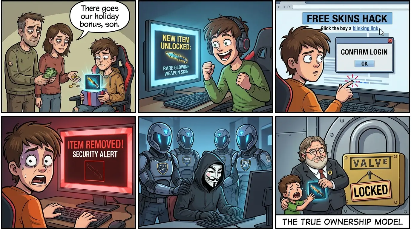 Editorial illustration: a child receives a skin, a scammer steals it, and the item remains locked at Valve
